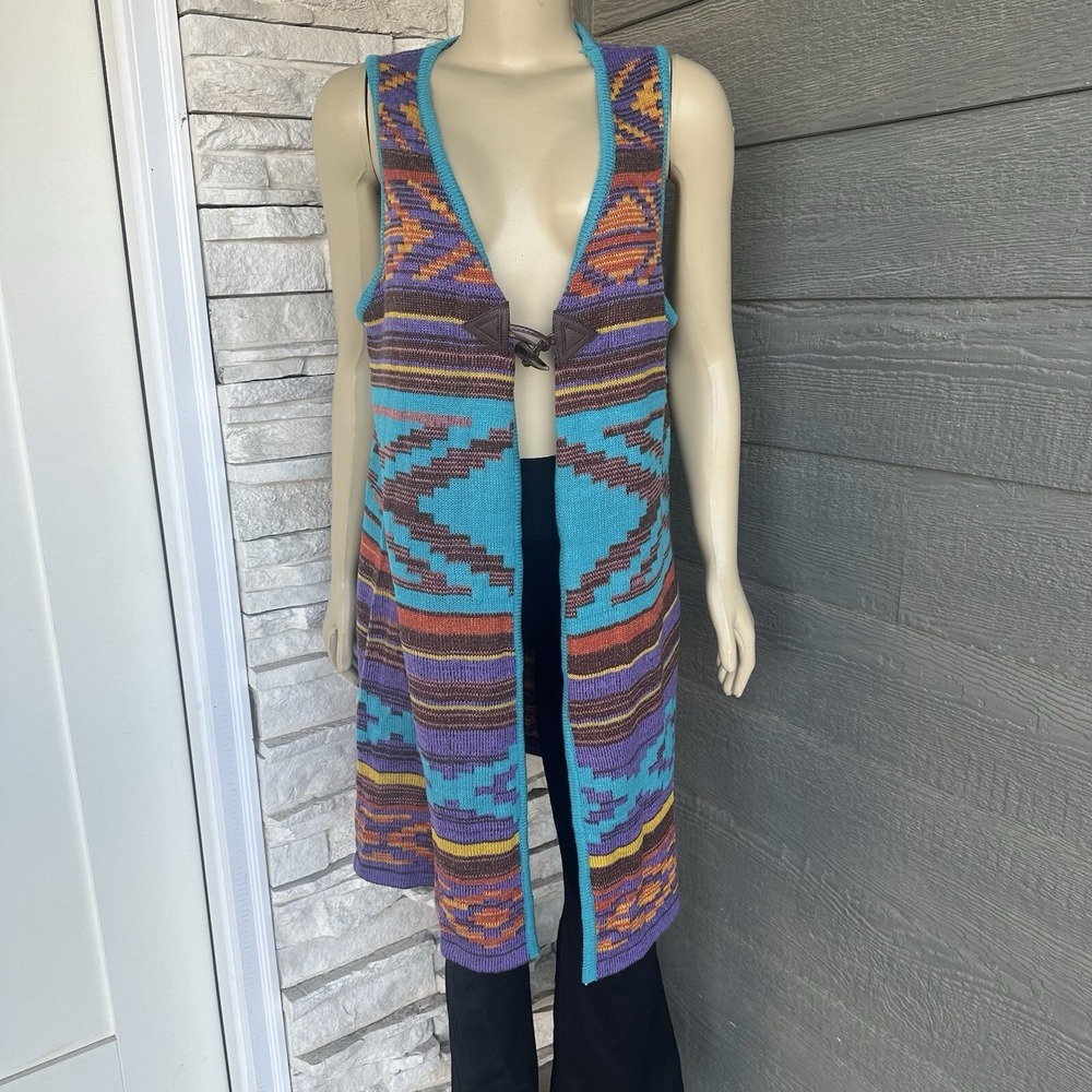 Vintage Southwestern Aztec Sweater Vest Duster Womens Small Colorful Tribal‎